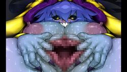 black_sclera blue_hair blue_skin breasts censored female huge_breasts invitation monster_girl nipples pov presenting pussy sweat teeth tokyo_tenma_devil_prison yellow_eyes