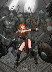 1female 1girls au_(artist) battle blush boli-blog bow_(weapon) breasts combat dress_down dress_up elf erect_nipples exposed_breasts exposed_pussy forest gangbang imminent_gangbang imminent_rape imminent_sex monster monster_penis multiple_girls multiple_males nipples no_bra no_panties orc orc_male orc_on_elf outdoors pelvic_curtain penis perky_breasts pointy_ears pubic_hair questionable_consent red_hair scared short_hair skirt_lift thighhighs tiptoes