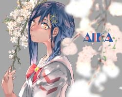 aika_granzchesta aria_(manga) azarea blue_hair blurry blurry_foreground bow bowtie brown_eyes character_name closed_mouth collarbone depth_of_field eyelashes female flower grey_background hair_between_eyes hair_ornament hand_up himeya_company_uniform long_hair looking_at_viewer red_bow red_bowtie sailor_collar shadow short_sleeves simple_background solo sparkle upper_body white_flower x_hair_ornament