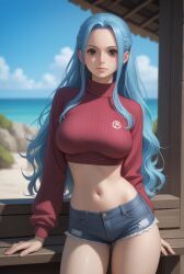 ai_generated black_eyes blue_hair breasts female hair midriff navel nefertari_vivi one_piece robinlover tagme