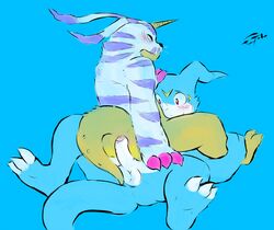 anthro anus ass ball_fondling balls blush closed_eyes digimon duo erection fondling gabumon glans hand_on_head horn humanoid_penis implied_oral leg_grab male partially_retracted_foreskin pelt penis signature spread_legs spreading straddling tohfu uncut veemon yaoi