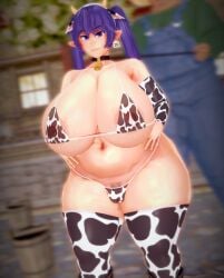 3d 3d_(artwork) bbw chubby chubby_female grin huge_breasts image_set koikatsu looking_at_viewer mavalio original original_character purple_eyes purple_hair smile smiling smug smug_face solas_(artist) thick_thighs