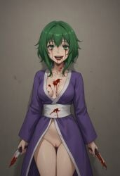 1girls ai_generated blood_on blood_on_clothing blood_on_face bloody_knife bloody_mouth breasts female female_only green_eyes green_hair holding_knife labia labia_majora masa_works_design mjdennsfw oni_to_kitsune_no_hanashi onigumo_to_kitsune_no_shishi_to_(vocaloid) open_smile purple_kimono pussy ryou_shishikusa self_upload solo solo_female white_sash