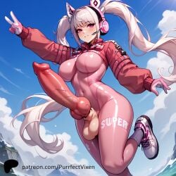 1futa 1girls ai_generated alice_(nikke) canine_penis futanari goddess_of_victory:_nikke hybrid_genitalia hybrid_penis knot knotted_penis peace_sign sheath