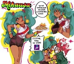 1girls dark-skinned_female earrings food green_eyes hatsune_miku holding_plate latina peruvian_female peruvian_miku shorts smile sole_female solo solo_focus spanish_dialogue spanish_text t-shirt wink winking_at_viewer