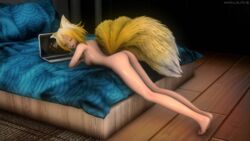 16:9 3d animal_ears ass bed blonde_hair blue_nails breasts computer feet female fox fox_ears fox_humanoid humanoid laptop modulelfs monster_girl multi_tail nude on_bed on_stomach one_eye_closed ran_yakumo source_filmmaker tail tails touhou wink