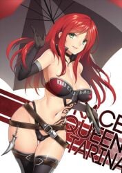 1girls belt big_breasts bikini black_bikini black_swimsuit breasts choker elbow_gloves fuyahana gloves green_eyes holding_umbrella katarina_du_couteau large_breasts league_of_legends long_hair looking_at_viewer midriff navel race_queen red_hair riot_games swimsuit tattoo thighhighs umbrella