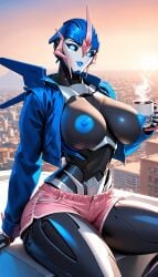 1girls 1robot_girl ai_generated arcee arcee_(prime) autobot big_breasts blue_eyes blue_nipples coffee looking_at_viewer nipples no_bra robot_humanoid roger1011 transformers transformers_prime