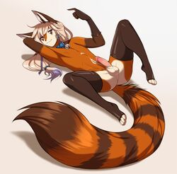 animal_genitalia armwear balls bell clothing collar erection fireflufferz girly leather legwear lokkun_(character) lying male mammal on_back red_panda rubber sheath smile solo spread_legs spreading