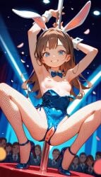 ai_generated anus blue_eyes brown_hair bunny_ears bunnysuit happy heels long_hair pussy small_breasts smaller_male striptease