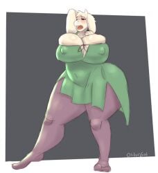 anthro belly big_breasts blush bovid breasts caprine cleavage cleavage_overflow clothed clothing dress erect_nipples_under_clothes female fully_clothed furry furry_only goat hi_res huge_breasts legwear mammal nipple_outline oliburgob open_mouth overflowing_breasts pantyhose pinup pose solo thick_thighs tight_clothing toriel undertale_(series)