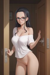 1girls ai_generated black_hair bottomless breasts cleft_of_venus female female_only glasses innie_pussy nico_robin nude nude_female off_shoulder one_piece pussy robinlover solo solo_female tagme