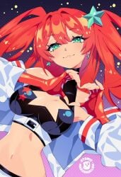 atomicmarshmallow bra breasts green_eyes heart_hands lyra_(kaatokunart) oc orange_hair red_hair smile star twintails wink