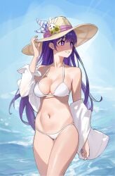 ass_visible_through_thighs bare_arms bare_belly bare_legs bare_shoulders bare_thighs belly_button big_breasts bikini blue_nails blush breasts cleavage collarbone hat hoshino_ai long_hair nail_polish ocean oshi_no_ko outdoors parted_lips purple_eyes purple_hair seaside shirt smile star_shaped_pupils thighs white_bikini white_shirt wudongyouyi