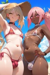 2boys 2femboys ai_generated armpit beach choker cloud couple dark_skin femboy femboy_only gomes hoop_earrings looking_at_viewer micro_bikini naughty_face navel nipples original otoko_no_ko self_upload skindentation sky sun_hat surprised white_skin