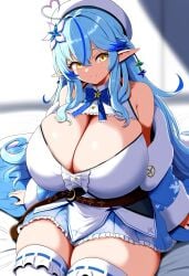 ai_generated ameanon big_breasts blue_hair breasts cleavage cleavage_cutout elf elf_ears hololive hololive_gen_5 hololive_japan huge_breasts large_breasts on_bed pointy_ears sitting thick_thighs thighhighs virtual_youtuber vtuber yellow_eyes yukihana_lamy