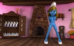 1girls 3d areolae blonde_hair blue_eyes blue_skin breasts female high_heels kondaspeter nipples pussy smurf smurfette solo the_smurfs