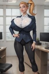 1girls ai_generated blonde_hair blue_eyes breasts bythebrokenone gigantic_breasts gloria_gazongas hand_on_hip indoors medium_hair meet_'n'_fuck_games nai_diffusion nipple_bulge office office_lady pink_lipstick ponytail solo stable_diffusion standing