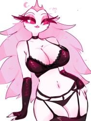 3:4 anatid anseriform anserinae anthro avian avian_demon bird black_clothing black_panties black_underwear breasts clothing coffeelilauwu crown demon eyebrows female fur hair headgear helluva_boss lingerie long_eyebrows long_hair looking_sideways panties pink_eyes simple_background solo standing stella_(helluva_boss) swan thick_thighs underwear white_background white_body white_fur white_hair