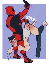 2022 2boys blush deadpool deadpool_&_wolverine_(2024) gay heart james_howlett logan_(x-men) male_only marvel marvel_comics no_visible_genitalia onomatopoeia pants_around_one_leg spanked_butt spanking sweatdrop tvfish-art wade_wilson wedgie wedgie_spanking wedgied_male wolverine_(x-men) x-men