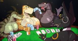 anubian_jackal big_breasts blackarabi breast_size_difference breasts canid canine canis casino casino_night fan_character female female/female group hi_res huge_breasts huge_hips jackal lizard lizardman mammal muscular muscular_female nipples non-mammal_breasts original_character palmer_(blackarabi) poker poker_cards poker_chip poker_table reptile scalie trio wide_hips