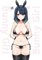 arms_behind_back ass_visible_through_thighs bare_arms bare_belly bare_shoulders belly_button big_breasts bikini black_bikini black_thighhighs blue_eyes blue_hair blush breasts bunny_ears cleavage closed_mouth collarbone female female_only fishnet_thighhighs fishnets groin kurokawa_akane lowleg_panties medium_hair micro_bikini oshi_no_ko revealing_clothes side-tie_bikini_bottom sideboob skindentation spammayo stockings sweat sweatdrop thigh_gap thighhighs thighs underboob zettai_ryouiki