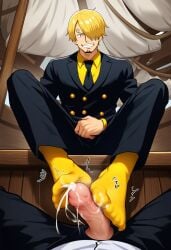 ai_generated artist_request big_penis blonde_hair cum cum_on_feet cumshot foot_focus footjob foreshortening gay male male/male male_focus male_only one_piece sanji sanji_(one_piece) sockjob socks vinsmoke_sanji yellow_hair yellow_socks