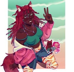 cute dark-skinned_female dark_skin dreads party_girl_(terraria) pink_clothing pink_jacket red_hair sweater terraria wolf_ears wolf_girl zoologist_(terraria)