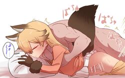 1boy 1girls animal_ears ass bangs bar_censor blonde_hair blush censored closed_eyes clothed_female_nude_male clothing eyebrows_visible_through_hair ezo_red_fox_(kemono_friends) female fox_ears fox_tail from_behind gloves groin groping groping_from_behind groping_through_clothes kemono_friends long_hair long_sleeves lying male motion_lines muscle no_panties nude on_stomach orange_shirt penetration penis pillow pleated_skirt prone_bone sex shirt simple_background skirt skirt_lift sleep_molestation sleep_sex sleeping sumiyao_(amam) sweat tail thighhighs uterus vaginal_penetration veins veiny_penis white_background white_skirt x-ray