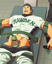 1boy ahe_gao bara baseball_uniform drooling erection human lying male male_only muscle partially_clothed penis penis_milking restrained ruizu ruizu_(takakisan503) saliva smile solo