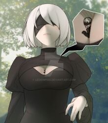 1boy 1girls between_breasts blindfold breasts clothed clothing female giantess legionpigs light-skinned_female light-skinned_male light_skin male micro nier nier:_automata short_hair shrunk shrunken_male size_difference white_hair yorha_2b yorha_9s zoom_in