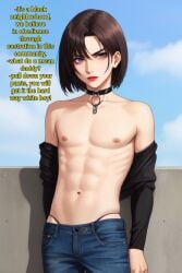 1boy 1femboy abs afroking ai_generated anime_style athletic athletic_male bob_cut brown_hair brunette_hair caption choker cute cute_face dark_hair english_text exposed_breasts exposed_nipples exposed_torso femboy feminine feminine_male fit gay jeans lips lipstick makeup male male_only muscles muscular muscular_male pale-skinned_male pale_skin shirt sissy solo text twink undressing white_body white_skin yaoi