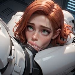 ai_generated big_penis blowjob blowjob_face cum_in_mouth eogard_orc female_focus green_eyes looking_at_partner looking_up redhead saliva self_upload star_wars