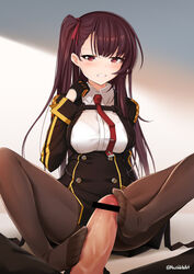 1boy asymmetrical_bangs bangs bar_censor black_dress black_gloves black_legwear blush bra breasts brown_hair censored clenched_teeth double-breasted dress erection feet female footjob footjob_with_legwear girls'_frontline gloves hand_up large_breasts long_hair long_sleeves macchiato_(jae-min_cho) military military_uniform necktie one_side_up pantyhose parted_lips pelvic_curtain penis pov purple_eyes red_necktie see-through shirt short_dress sitting spread_legs straight teeth tsurime twitter_username underwear uniform wa2000_(girls'_frontline) white_bra white_shirt