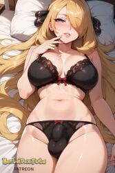 1futa ai_generated black_bra black_panties blonde_hair blush bow bow_panties bra breasts bulge bulge_through_clothing cleavage collarbone cynthia_(pokemon) erect_penis erection erection_under_clothes futa_only futa_sans_pussy futanari grey_eyes hair_ornament hair_over_one_eye hentaidex hentaidexfuta huge_cock large_breasts lips long_hair looking_at_viewer lying mole mole_on_breast navel on_back on_bed panties parted_lips pillow pokemon smile solo underwear underwear_only very_long_hair