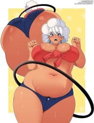 big_ass big_breasts chubby earrings hula_hoop laundrymom looking_at_viewer sweat sweatdrop sweating white_hair