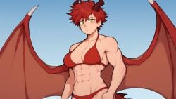 abs ai_generated athletic athletic_female bikini dragon dragon_girl ember_(monster_tutor) horns monster_tutor muscles muscular muscular_female nuteku red red_bikini red_hair tagme wings yellow_eyes