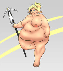 1girls blonde_hair female female_only large_breasts mercy modezombie nude obese overwatch solo voluptuous