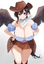 1girls 2d bare_shoulders bent_forward big_breasts black_hair breasts cleavage cowboy_hat female hands_on_hips hat hips horse horse_girl humanoid kurokoma_saki long_hair looking_at_viewer moriforest1040 open_mouth pegasus pegasus_wings ponytail red_eyes saki_kurokoma shiny_skin shoes short_sleeves skirt smile solo source standing tied_hair topwear touhou white_background wide_hips wings