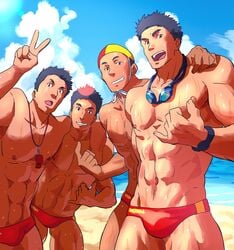 4boys abs bara beach black_hair blue_sky briefs bulge cocky goggles hand_on_shoulder human lifeguard looking_at_viewer male male_only matching_outfit matching_underwear multiple_boys muscle muscles muscular muscular_male nipples outside peace_sign red_underwear ruizu ruizu_(takakisan503) sea selfie shiny_skin six_pack sky smile smiling_at_viewer smirk smirking_at_viewer smug speedo swimming_cap swimsuit swimwear taking_photo taking_picture taking_selfie topless underwear_only v watch wet wet_body wet_skin whistle