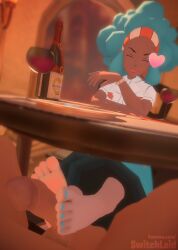 blue_hair closed_eyes drinking feet foot_fetish footjob footjob_under_table heart heart_symbol jeans lenora_(pokemon) painted_toenails pants pokemon soles switchlaid toenail_polish wine