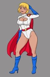 1girls 2024 blonde_hair blue_gloves blue_heels cape dc dc_comics female grey_background heroine leotard long_sleeves oolay-tiger power_girl red_cape short_hair simple_background solo solo_female superheroine twitter_link white_clothing white_leotard