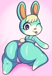 animal_crossing ass ass_focus bikini blonde_hair blue_fur dat_ass femboy furry rabbit sasha_(animal_crossing) shaking_butt someth1ngoranother twerking twink