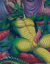 2017 animal_genitalia anthro athletic barbed_penis claws dragon erection front_view genital_slit green_scales half-closed_eyes horn looking_at_viewer male male_only membranous_wings multicolored_scales orange_eyes pecs penis pillow reclining ridged_penis scales scalie sharp_teeth slit slit_pupils smile smirk solo spartadog spines spread_legs spreading suggestive teeth two_tone_scales wings yellow_eyes yellow_scales