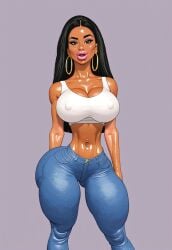 ai ai_generated bimbo bimbo_body bimbo_lips brown_skin fatima_bashar jeans middle_eastern middle_eastern_female muslim muslim_female oc original_character tank_top