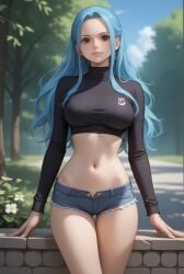 ai_generated black_eyes blue_hair breasts female hair midriff navel nefertari_vivi one_piece robinlover tagme