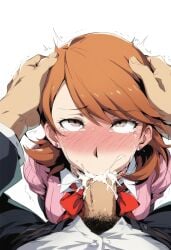 1boy 1girls ai_generated anime_nose blowjob blush cum_in_mouth cum_on_face erection fellatio female female_focus human male male_pov male_pubic_hair open_pants oral oral_sex orange_hair partial_male penis penis_in_mouth penis_out persona persona_3 persona_3_portable persona_3_reload straight tongue tongue_out veiny_penis yukari_takeba