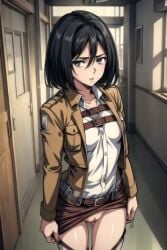 1female 1girls ai_generated artist_request attack_on_titan black_eyes black_hair light-skinned_female light_skin mikasa_ackerman no_panties pussy shingeki_no_kyojin short_hair small_breasts snk stable_diffusion