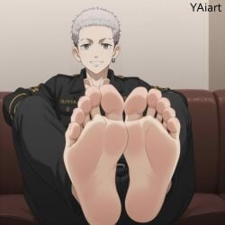 ai_generated barefoot foot_fetish grey_eyes grey_hair mitsuya_takashi tokyo_revengers yaiart