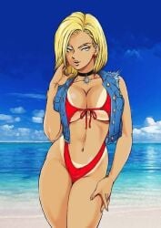 1girls android_18 anime_milf beach bikini blonde_hair blue_eyes choker curvy curvy_body curvy_female curvy_figure curvy_hips curvy_thighs dragon_ball dragon_ball_z female female_focus female_only jacket jacket_open jean_jacket kugayama_hodai looking_at_viewer milf red_bikini red_bikini_top red_swimsuit red_swimwear short_hair solo solo_female solo_focus swimsuit tan_lines tanned_female tanned_skin waifu